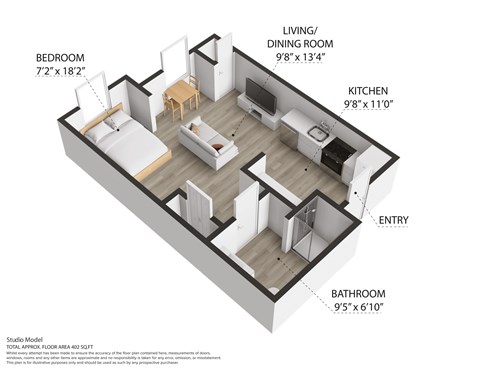 Floor plan for studio, 1 bath, 439 sqft